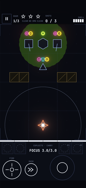 A boss vault room with a hexagon core unit guarded by turrets and drones on a glowing green containment field