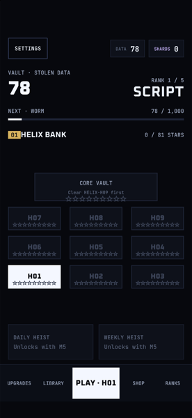 The hub screen: Vault total, rank progress, and the Helix Bank heist circuit